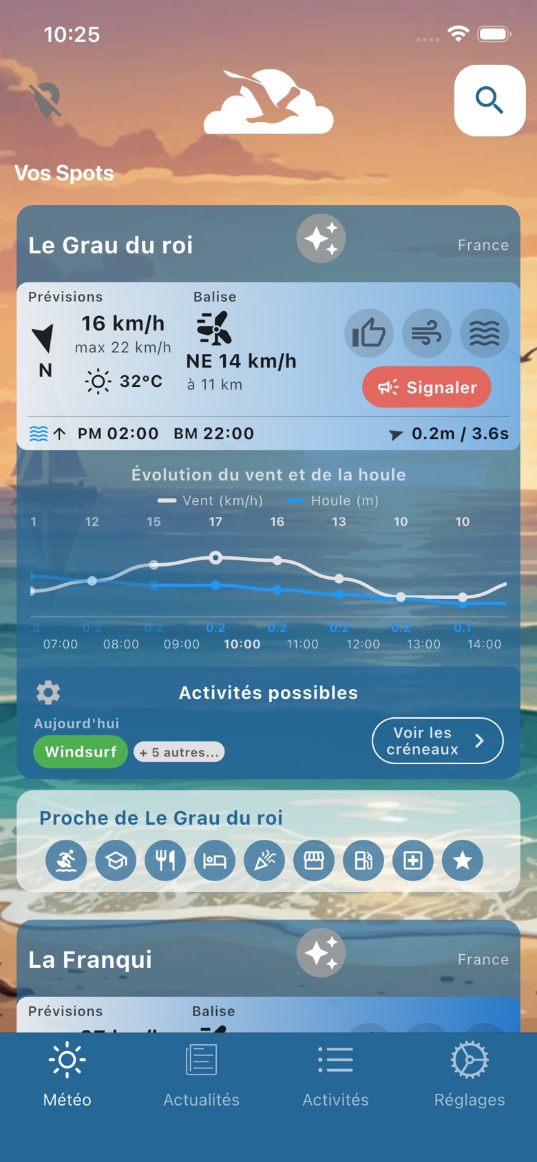 Écran d'accueil de La Mouette Météo avec la liste de vos spots